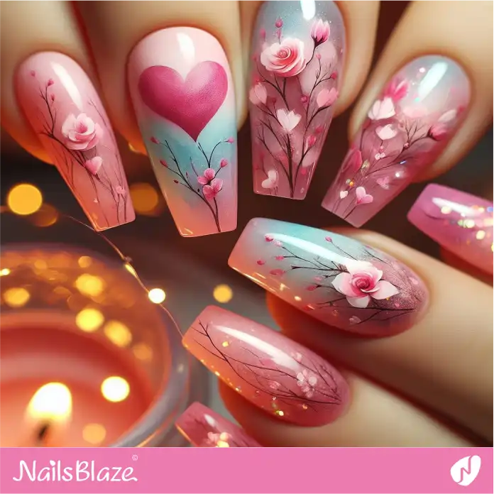 Watercolor Ombre Nails with Flowers and Hearts | Valentine Nails - NB2365